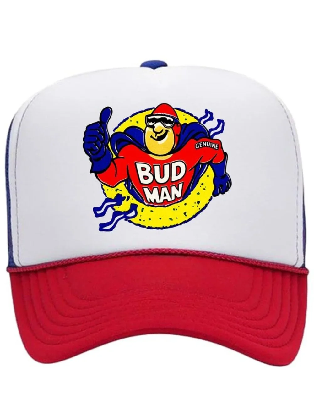 Retro Bud Man Foam Trucker Hat Red White Blue Superhero Beer Rope Snapback New